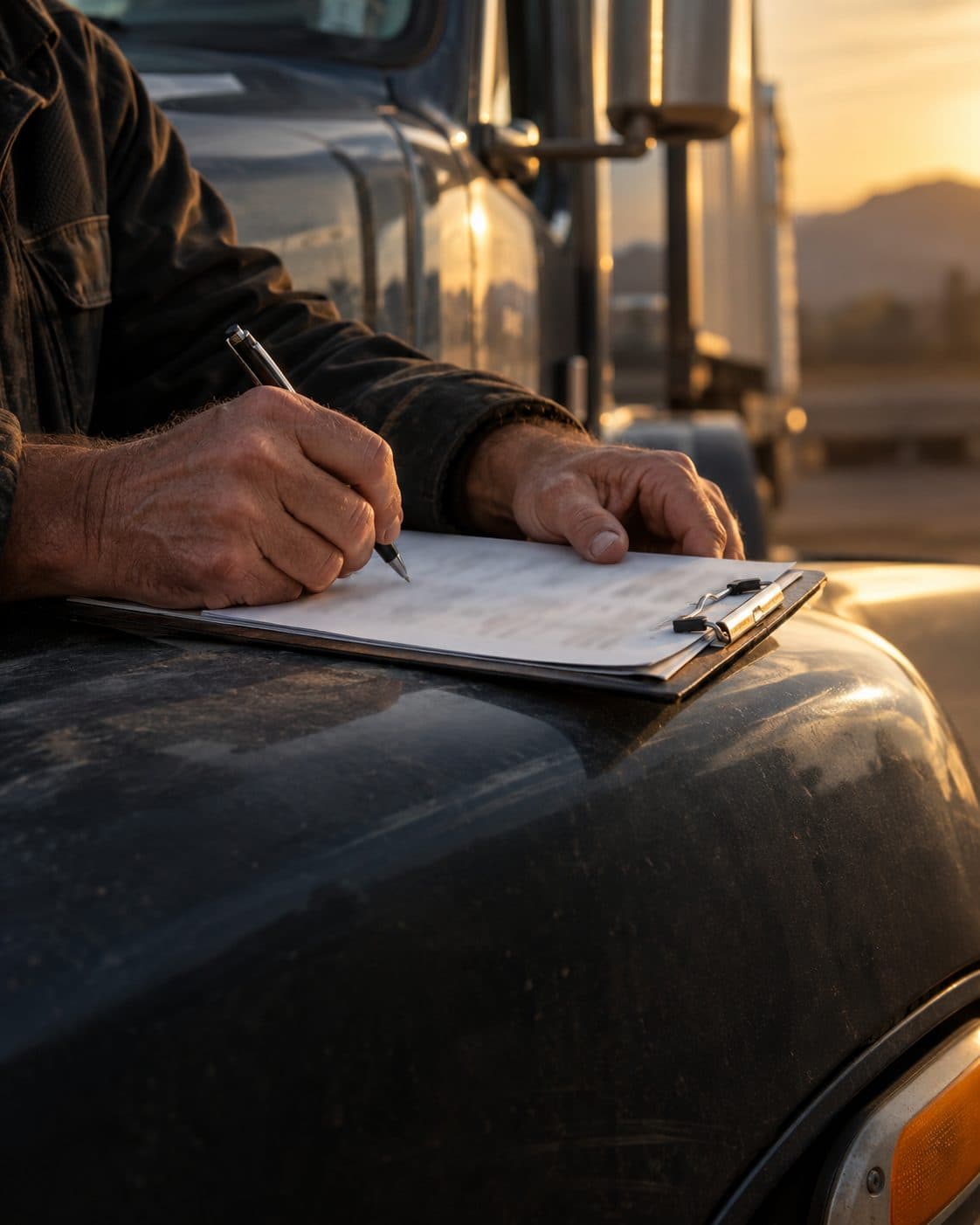 Hands reviewing paperwork on the fender of a truck