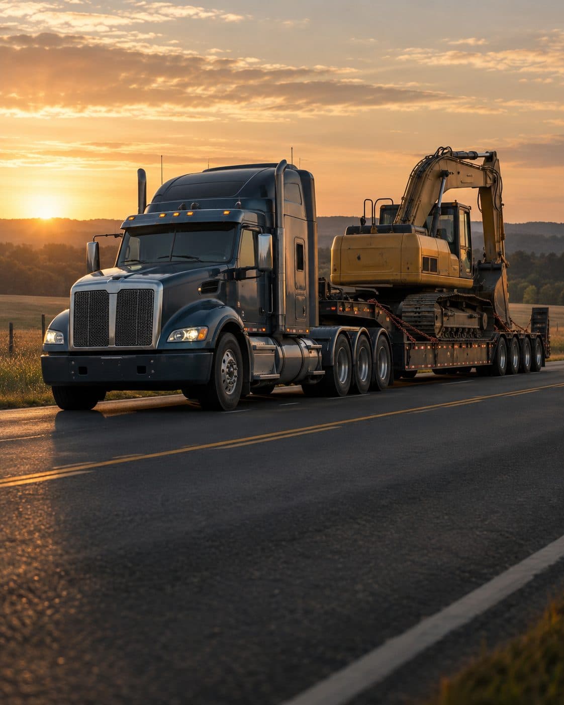 A heavy-haul truck carrying equipment on a rural highway