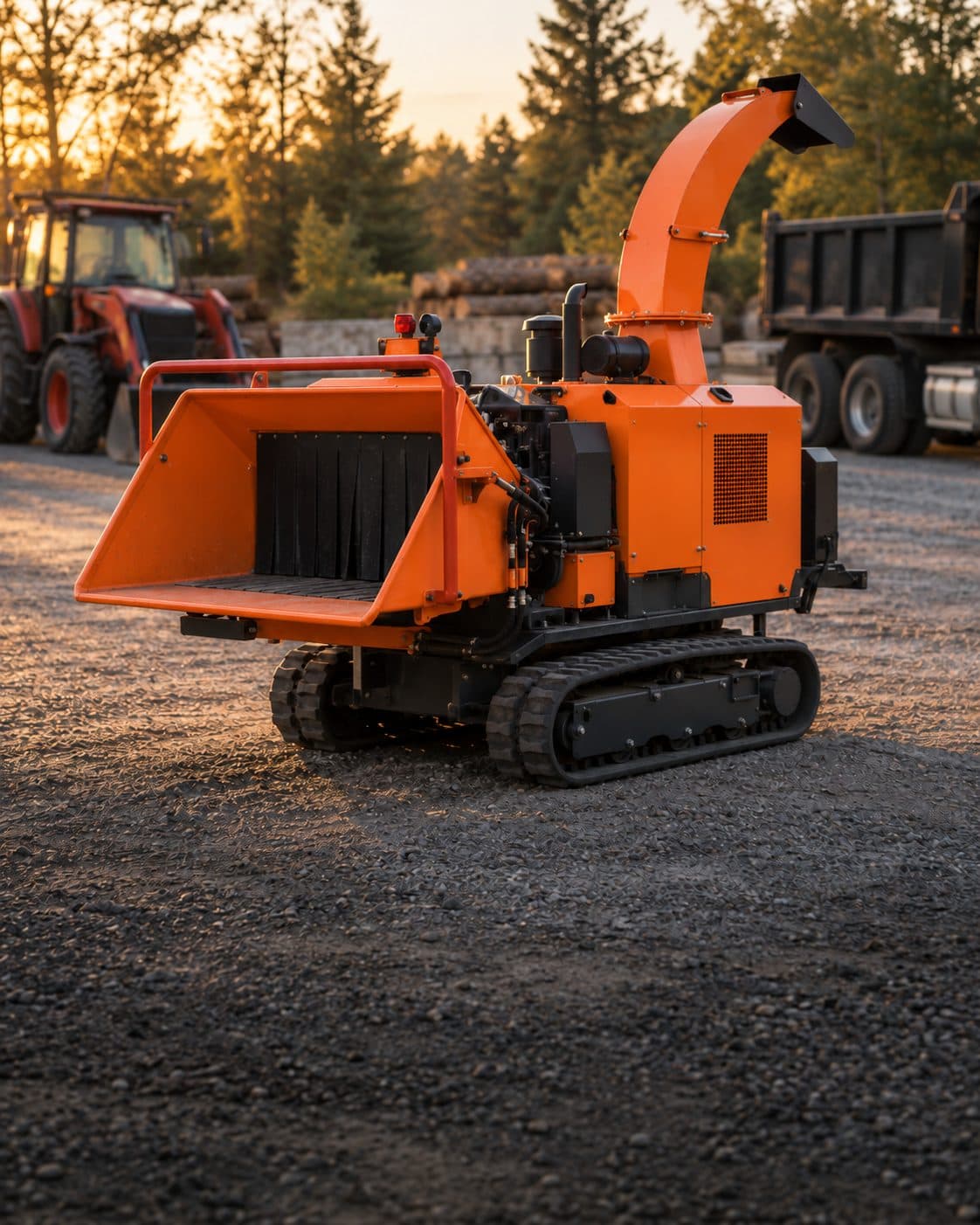 Commercial equipment lined up in a gravel yard