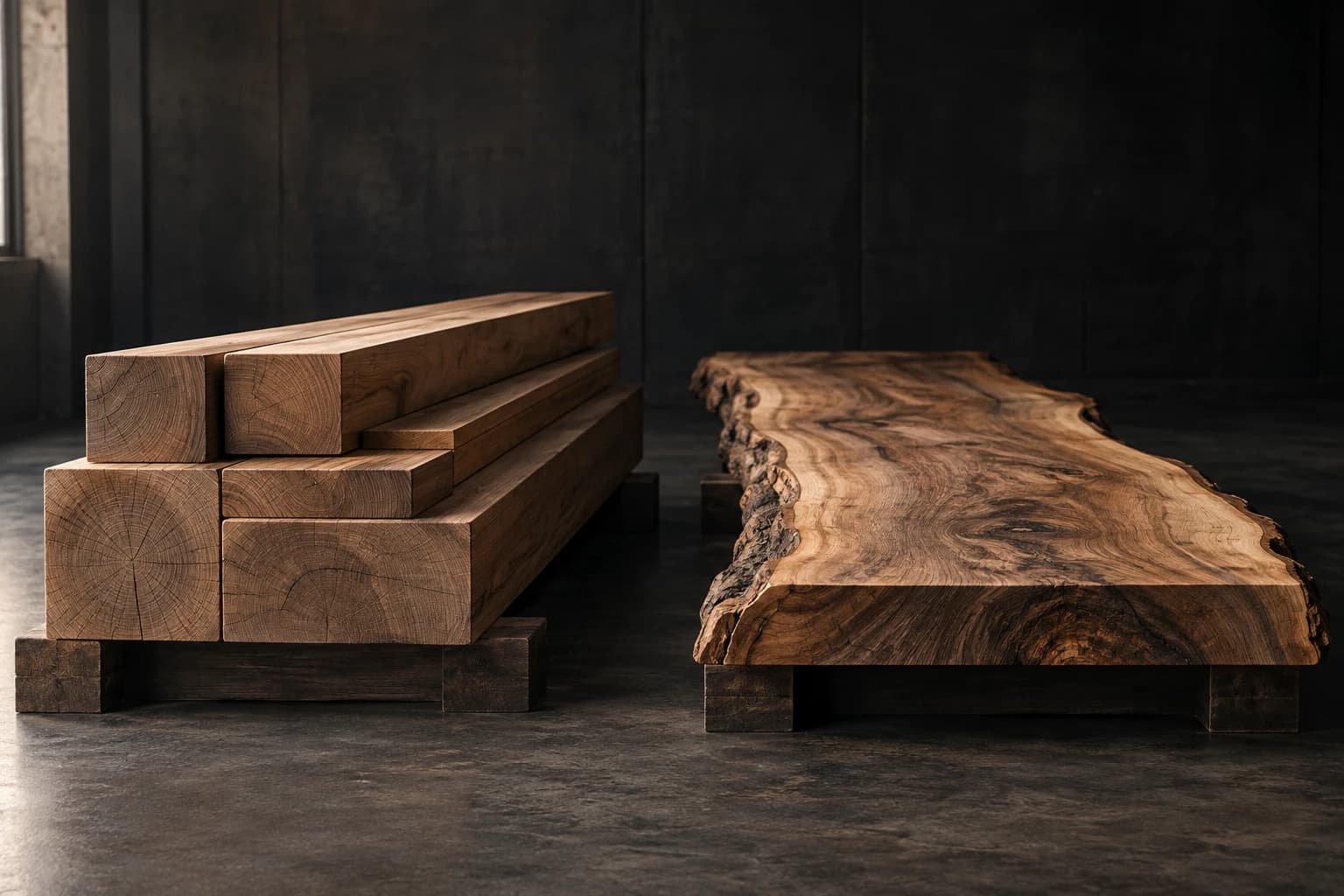 Squared timber and a natural-edge slab illustrate two different milling goals